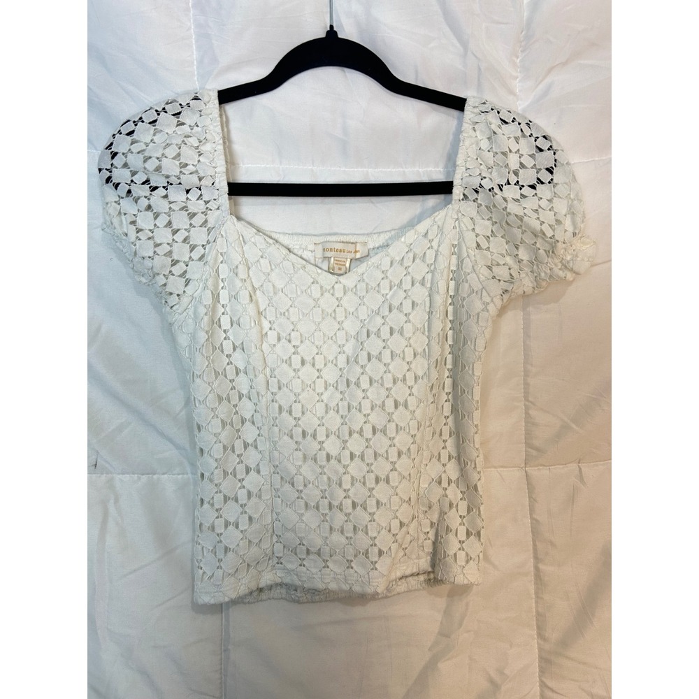 MONTEAU Los Angeles White Lace Puff Sleeve Square Neck Top Women's Size‎ M